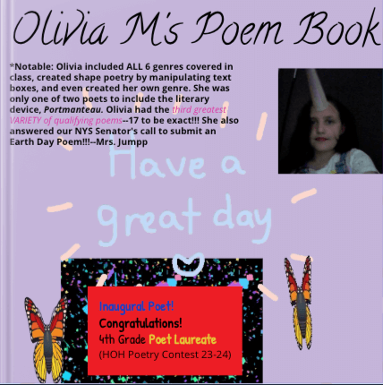 A colorful book page titled "Fernanda C's Poems!!" decorated with confetti, popcorn graphics, and a bright pink background. A red and black badge on the right reads: "Inaugural Poet! Congratulations! 4th Grade Poet Laureate (HOH Poetry Contest 23–24)." At the bottom right, there is a colorful "Everyone is Welcome Here" graphic. A white label says "4th grade, Newburgh NY."